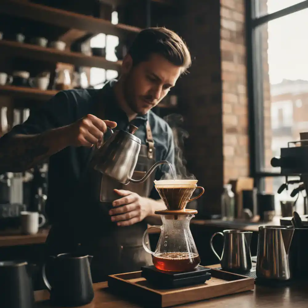 Barista meticulously brewing pour-over coffee