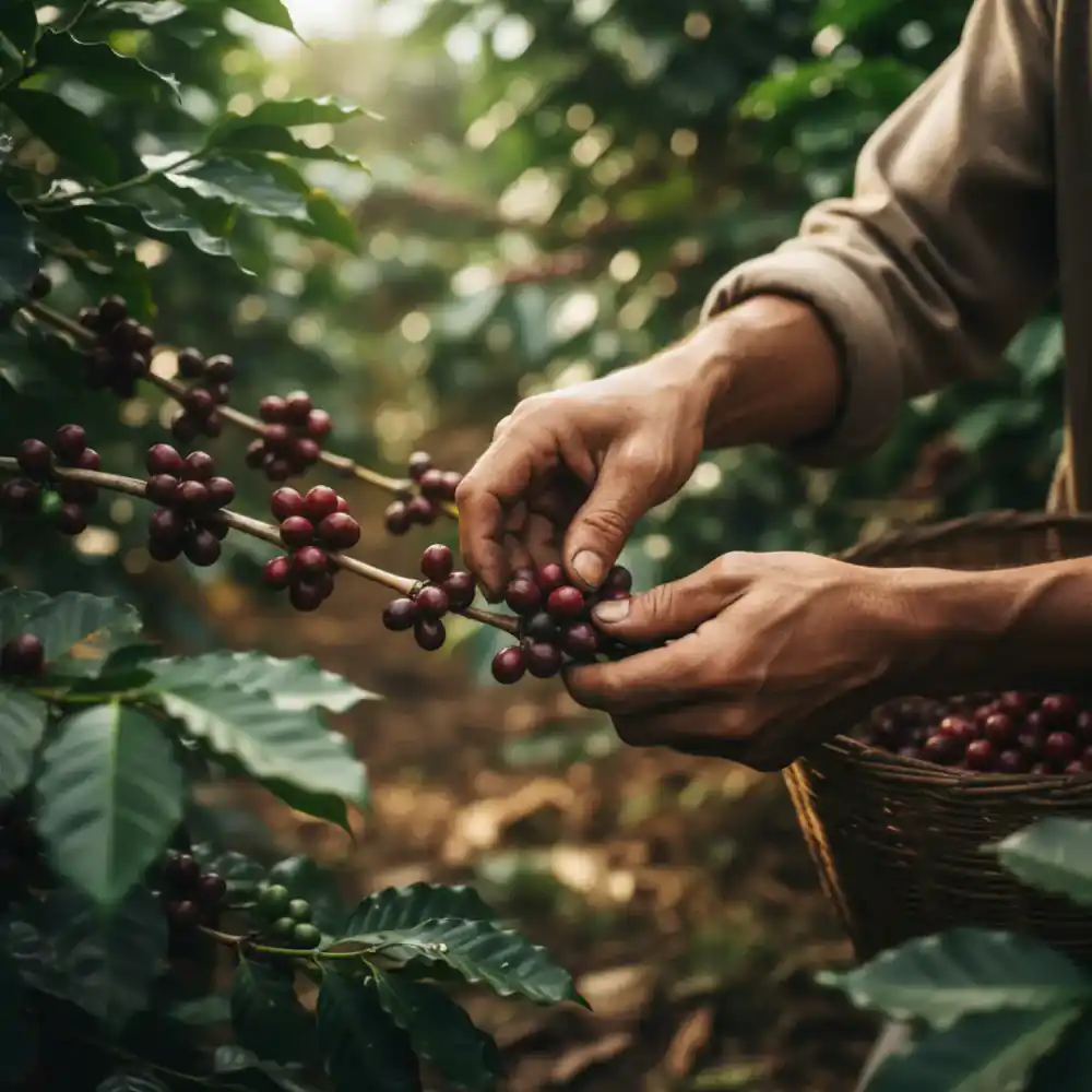 Farmer hand-picking ripe coffee cherries
