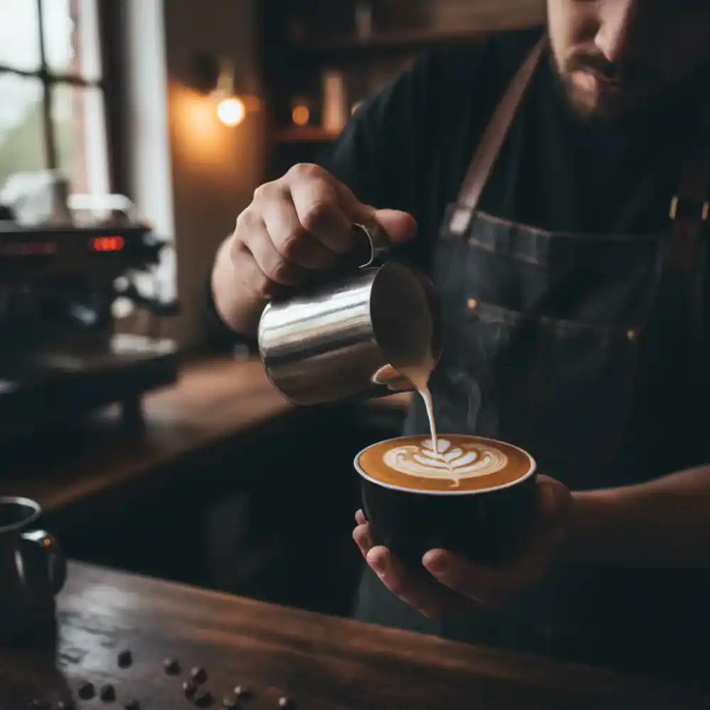 Barista pouring a perfect rosetta latte art