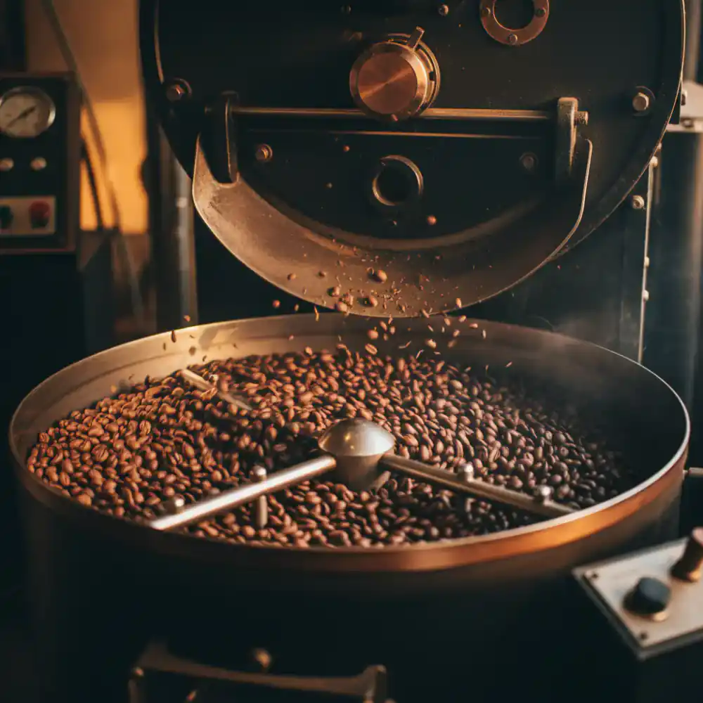 Coffee beans roasting inside an industrial roaster