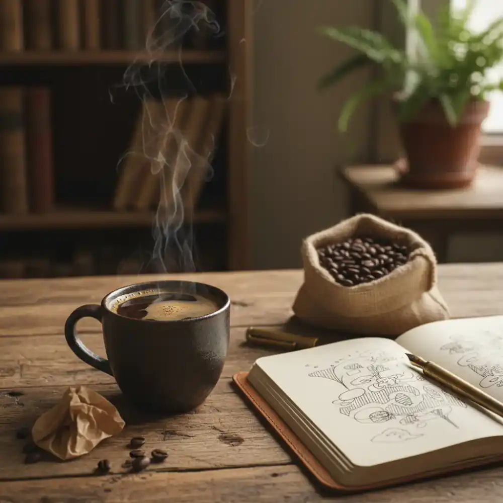 A freshly brewed cup of dark roast coffee on a wooden table alongside an open journal
