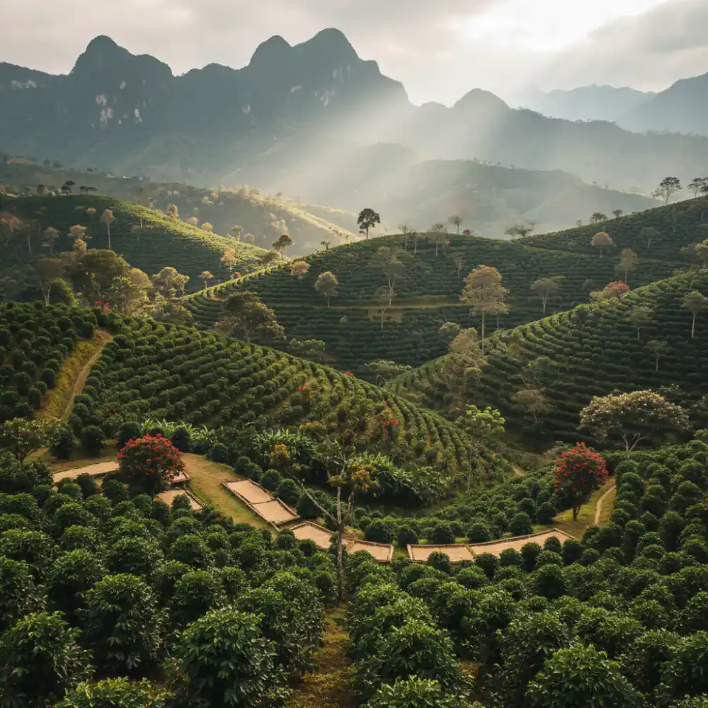 Lush green coffee farm in the mountains of Colombia