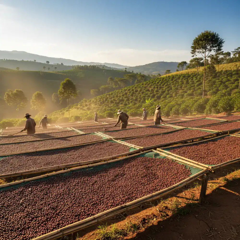 Coffee drying on raised beds under the African sun