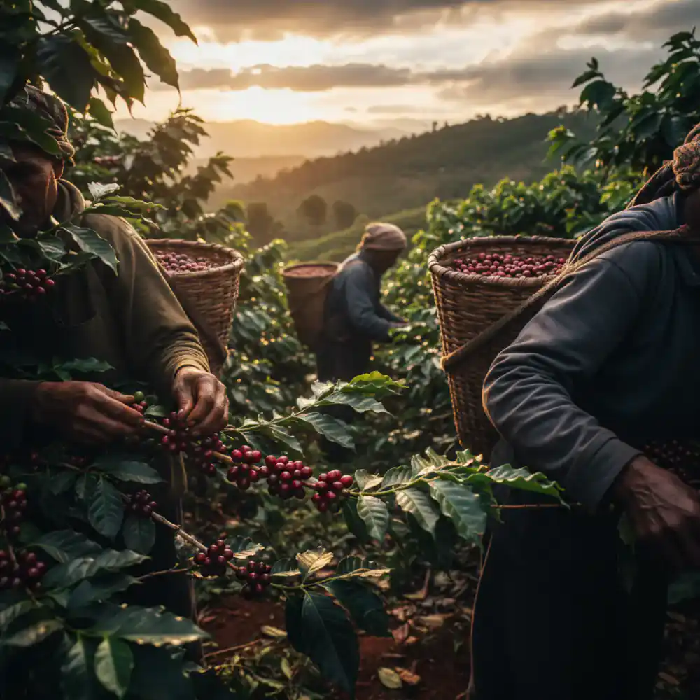 Coffee farmers harvesting ripe cherries